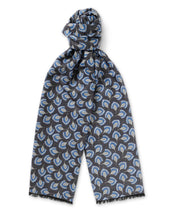 Grey and Blue Leaf Print Brushed Silk Scarf
