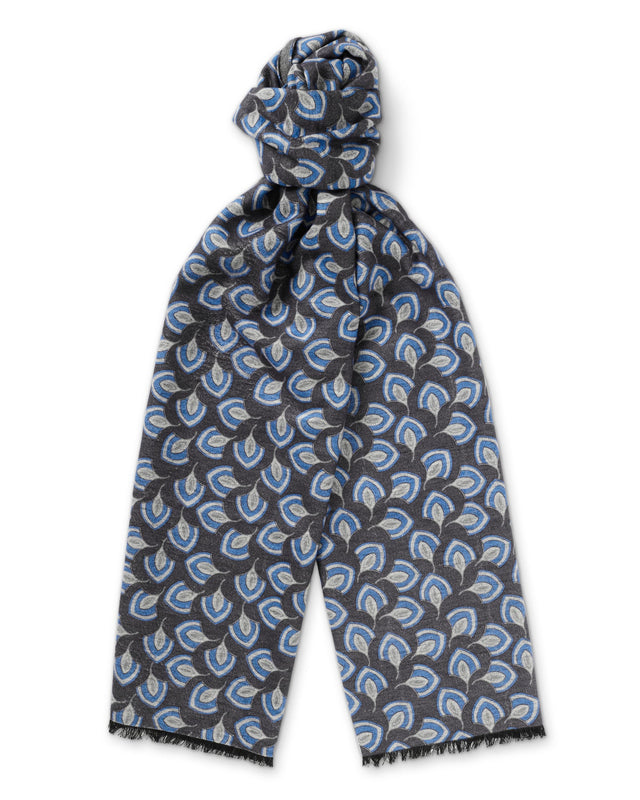 Grey and Blue Leaf Print Brushed Silk Scarf