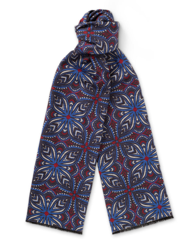 Blue Geometric Brushed Silk Scarf