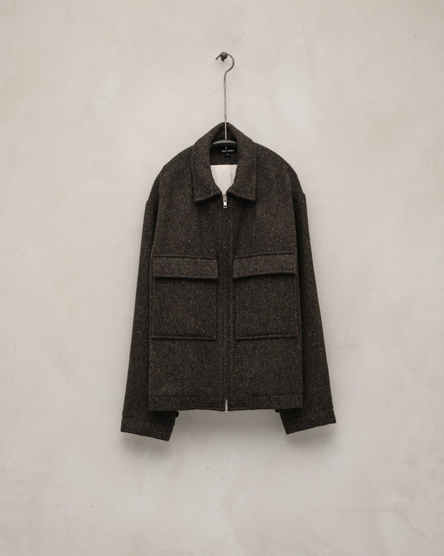Zip Jacket - Irish Wool Herringbone Tweed, Brown/Charcoal