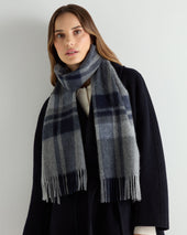 Unisex Cashmere Check Scarf Grey + Navy