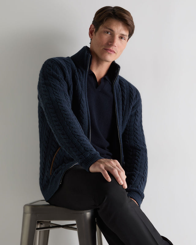 Men's Richmond Cable Cashmere Cardigan Indigo Blue