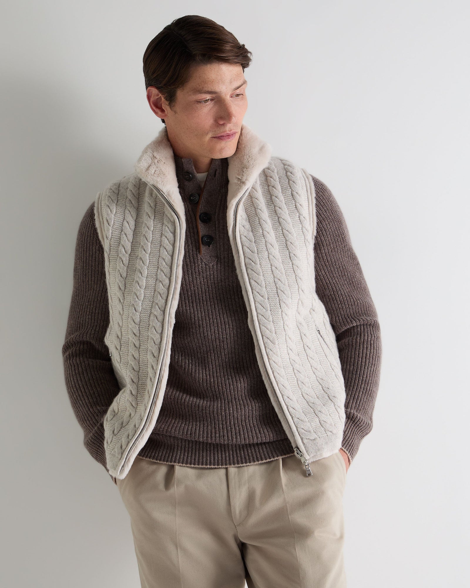 Men S Dolomiti Cable Fur Gilet Ash Grey Marl