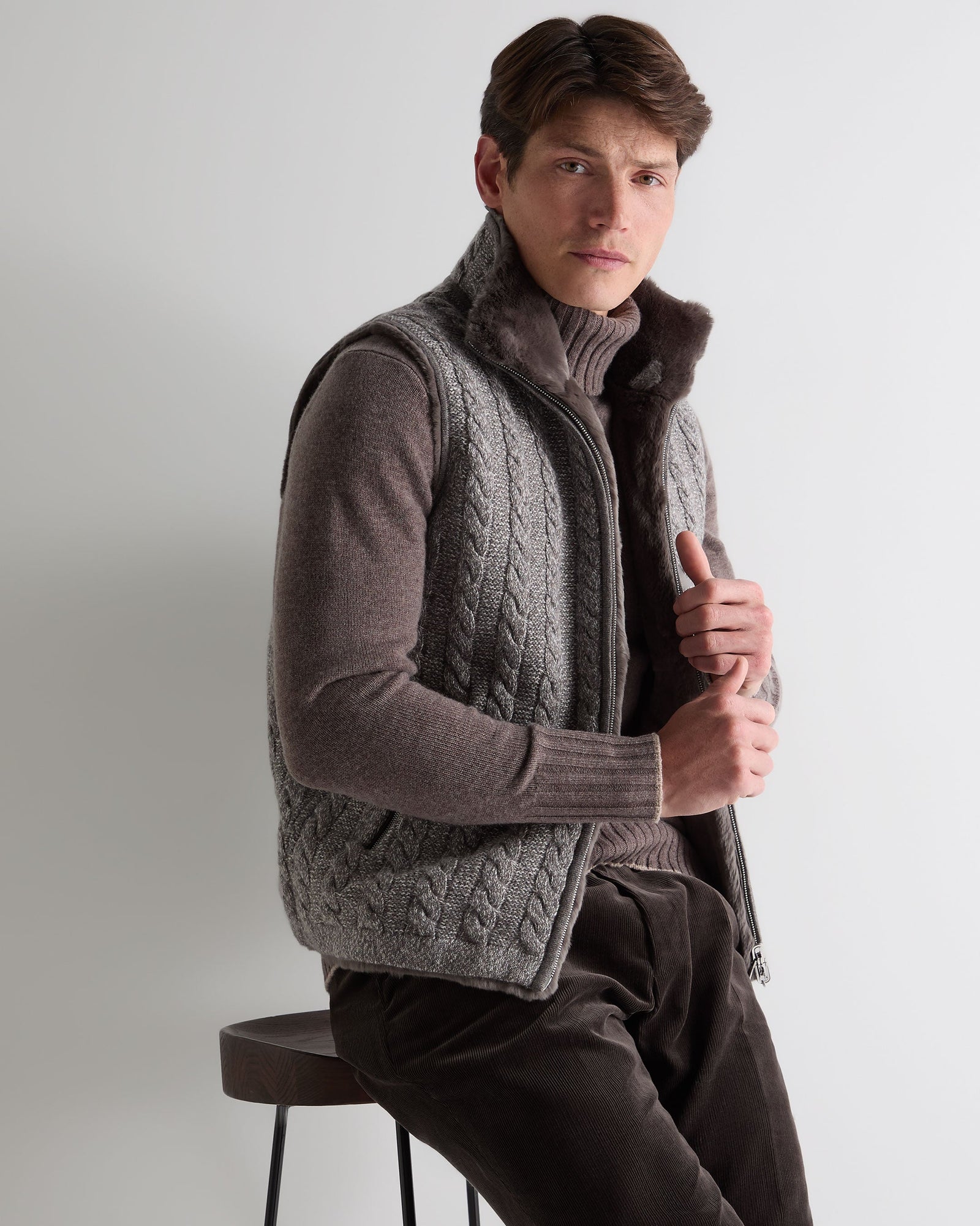 Men's Dolomiti Cable Fur Gilet Soft Truffle Brown Marl