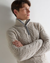 Men's Fur Trim Half Zip Cashmere Jumper Nougat Brown Marl