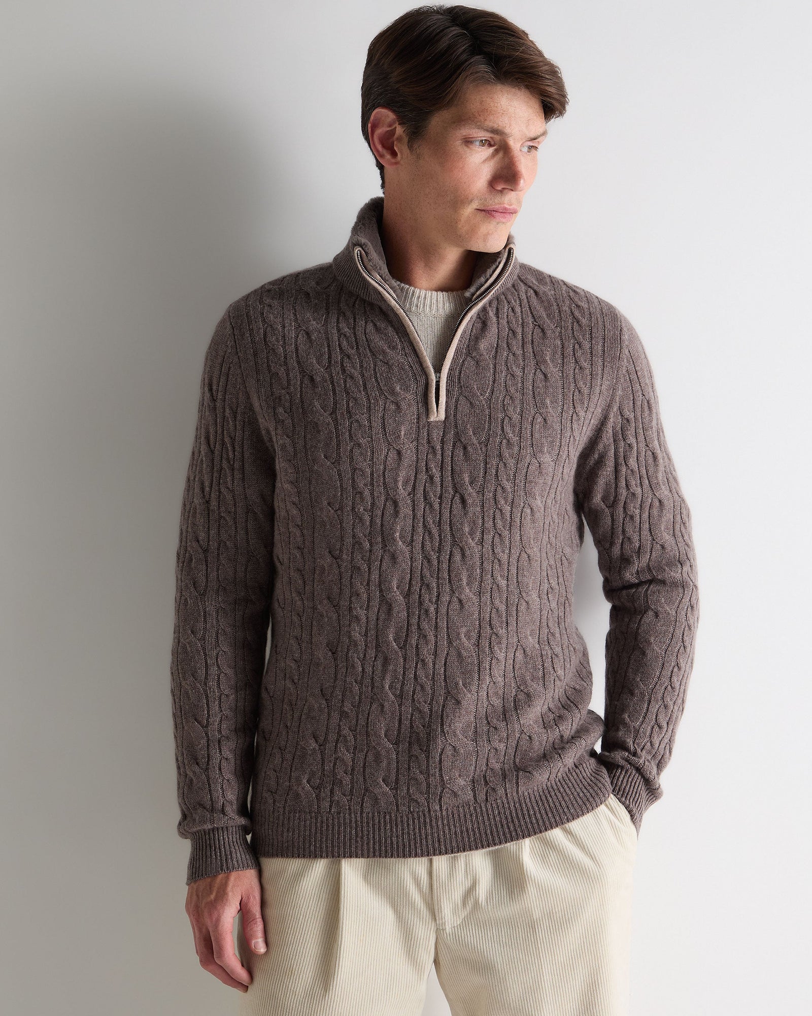 Men's Fur Trim Half Zip Cashmere Jumper Otter Brown
