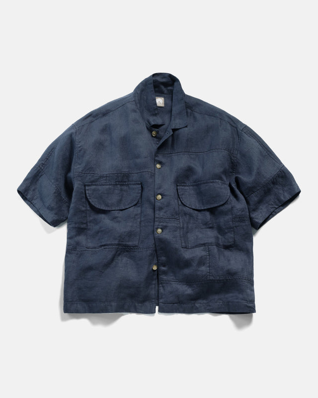 SS AGEROLA LATTICE STITCHED PATCHWORK SHIRT- NAVY LINEN TWILL