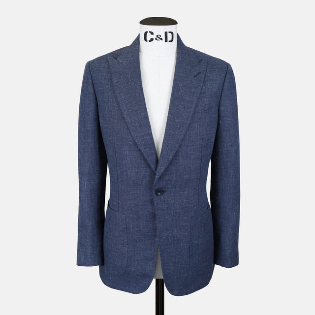 Peak Lapel Jacket in Airforce Blue Wool, Silk & Linen Hopsack