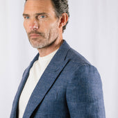 Peak Lapel Jacket In Airforce Wool Silk Linen Hopsack