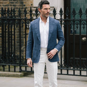 Peak Lapel Jacket In Airforce Wool Silk Linen Hopsack