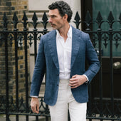 Peak Lapel Jacket In Airforce Wool Silk Linen Hopsack