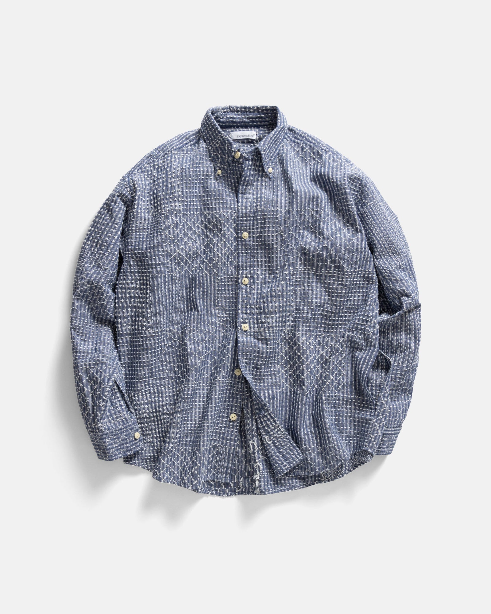 Amer Eastern Button Down Shirt Latte Patchwork Kantha Stitched Striped Cotton Chambray