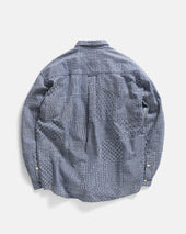 Amer Eastern Button Down Shirt Latte Patchwork Kantha Stitched Striped Cotton Chambray