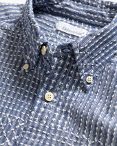 Amer Eastern Button Down Shirt Latte Patchwork Kantha Stitched Striped Cotton Chambray