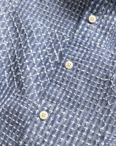 Amer Eastern Button Down Shirt Latte Patchwork Kantha Stitched Striped Cotton Chambray