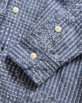 Amer Eastern Button Down Shirt Latte Patchwork Kantha Stitched Striped Cotton Chambray