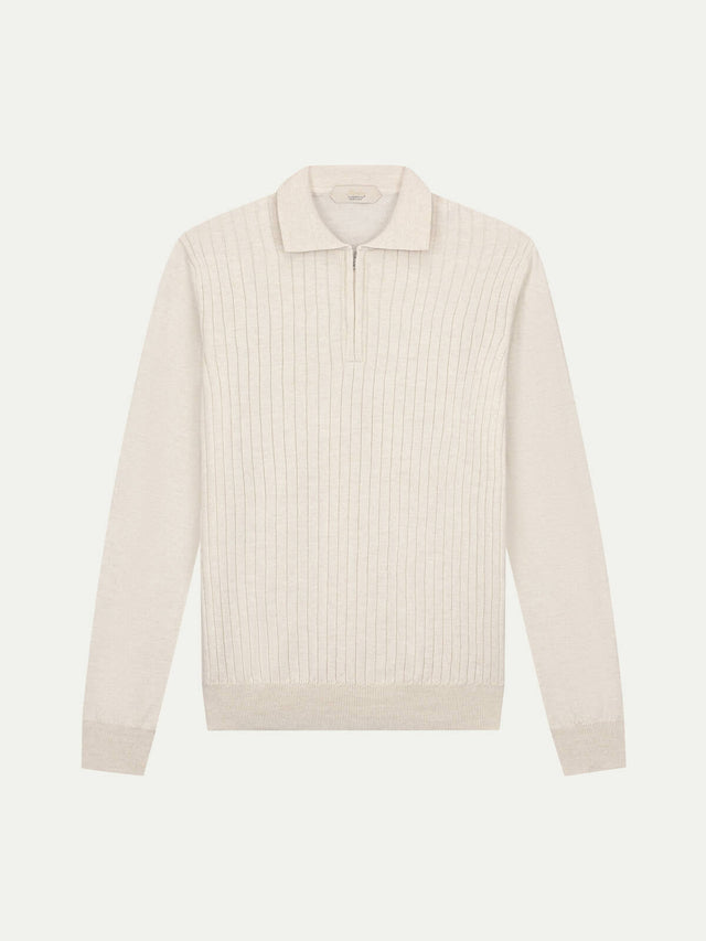 Ribbed Zipper Polo Light Beige
