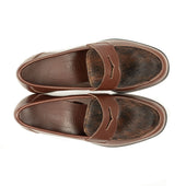Aurland Penny Loafer In Oak Brown Calf With Hair On Cowhide Vamp