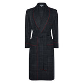 Windowpane Fox Flannel Wool Dressing Gown in Charcoal and Wine