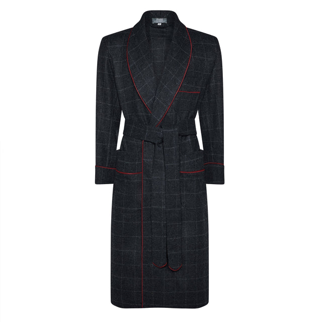 Windowpane Fox Flannel Wool Dressing Gown in Charcoal and Wine