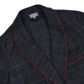 Windowpane Fox Flannel Wool Dressing Gown in Charcoal and Wine