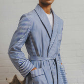 Exclusive Budd Stripe Cotton Dressing Gown in Edwardian Blue