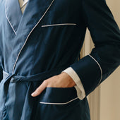 Plain Cotton Poplin Dressing Gown in Navy with White Trim