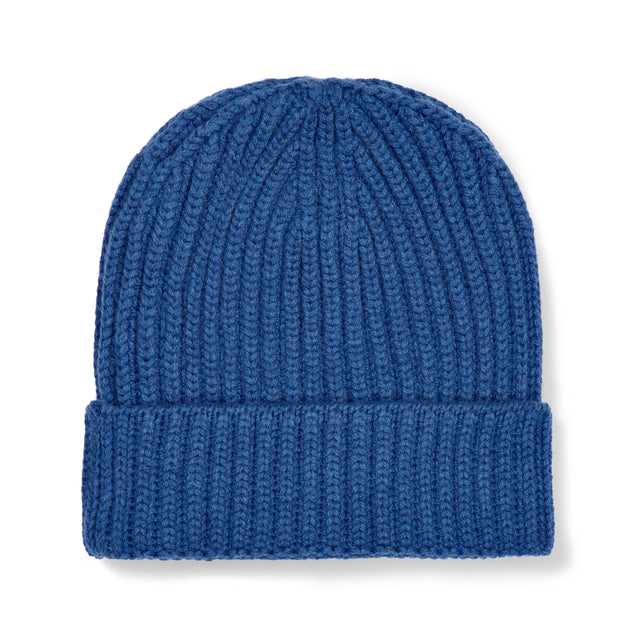 Scottish Cashmere Thick Ribbed Beanie Hat in Coast Blue