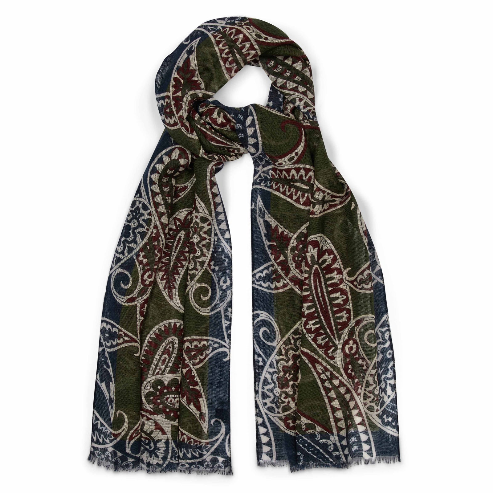 Abstract Paisley Wool Scarf In Green And Navy