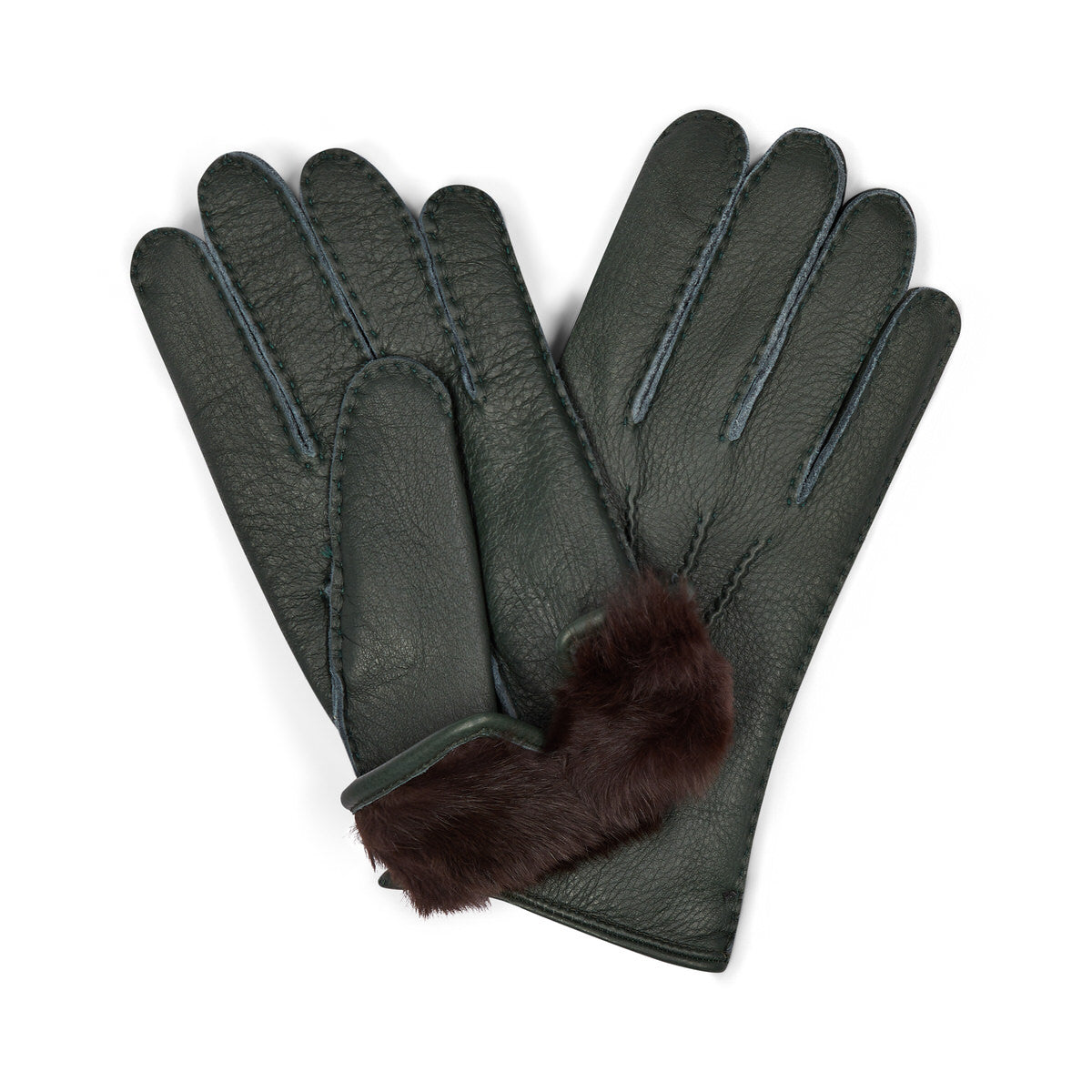 Deerskin Gloves With Rabbit Fur Lining In Dark Green