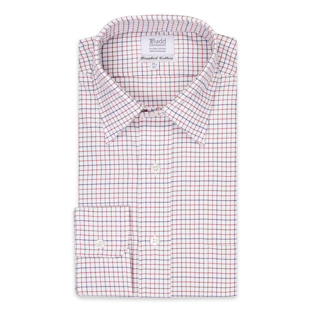 Classic Fit Flanello Brushed Cotton Check Shirt in Red and Navy
