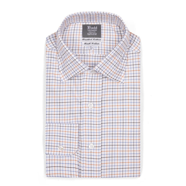 Tailored Fit Flanello Brushed Cotton Check Shirt in Blue and Orange