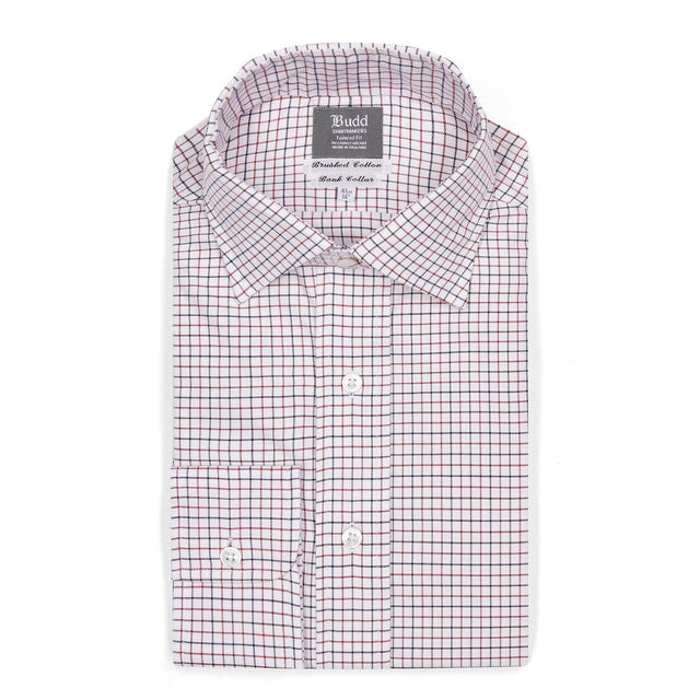 Tailored Fit Flanello Brushed Cotton Check Shirt in Red and Navy