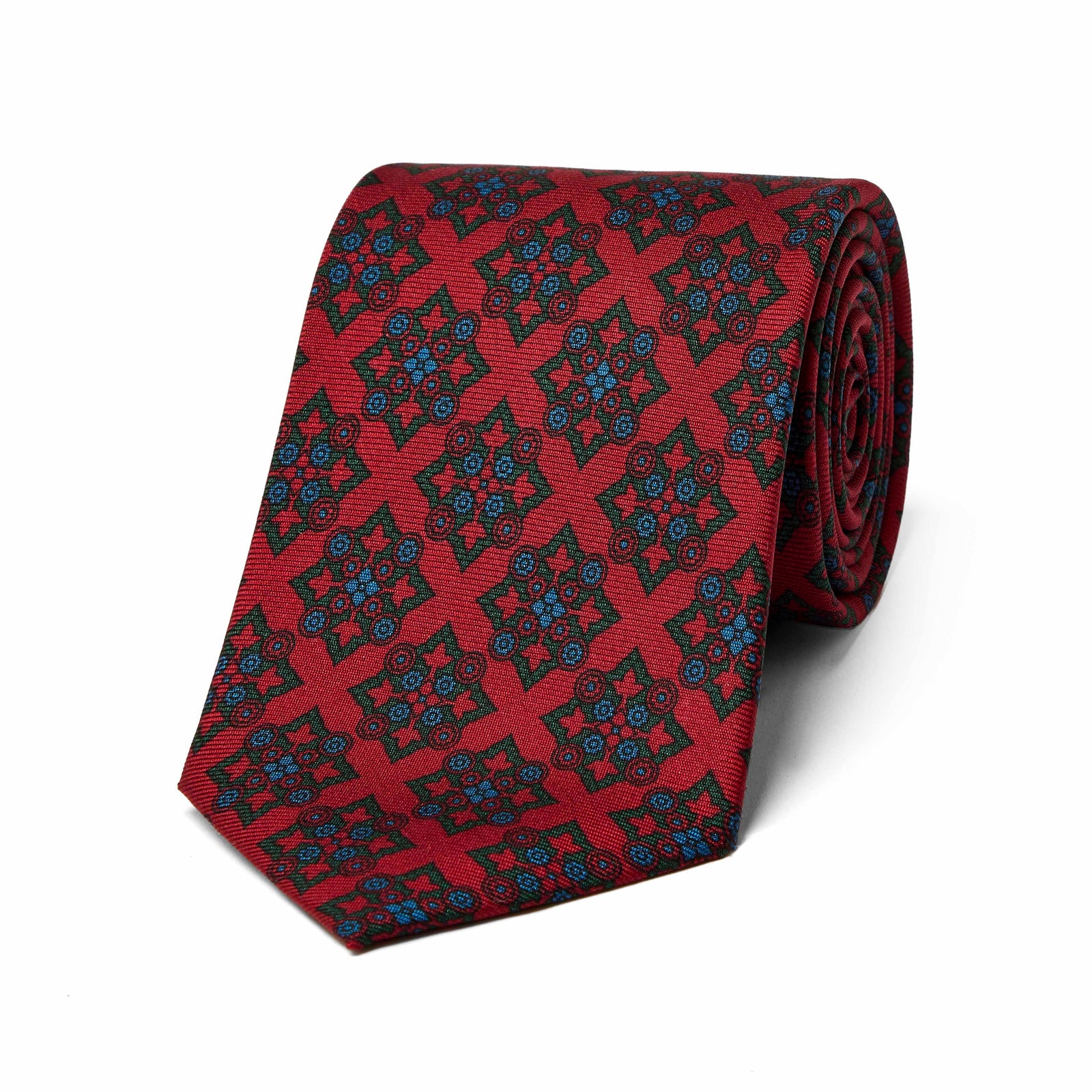 Geometric Motif Madder Silk Tie In Red