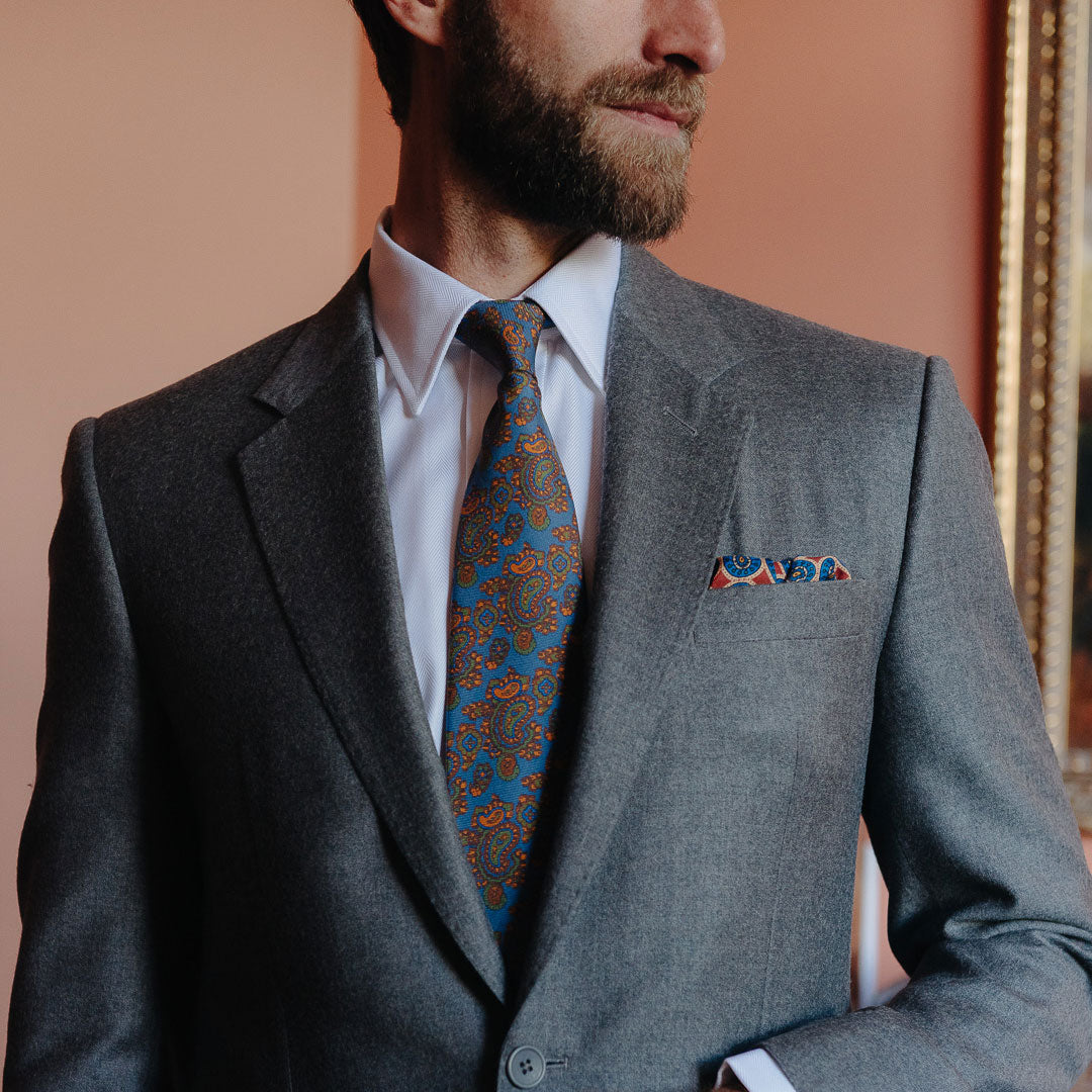 Abstract Paisley Hopsack Silk Tie In Airforce