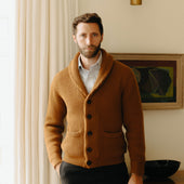 Huntley Cashmere Shawl Neck Ribbed Cardigan In Vintage Vicuna