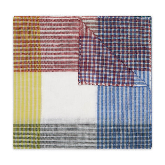 Baltimore Check Batiste Cotton Pocket Square in Red and Blue