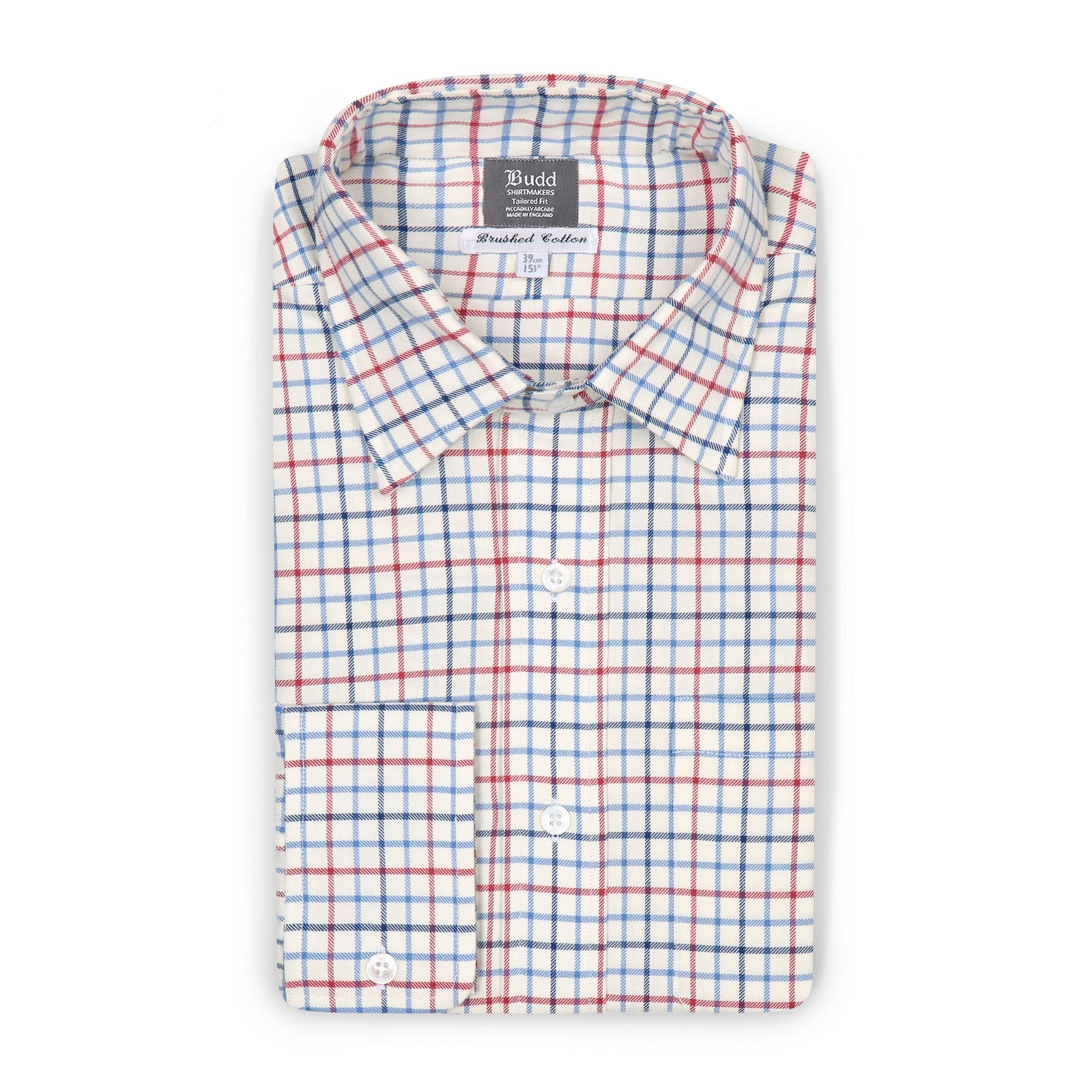 Tattersall Check Brushed Cotton Tailored Fit Button Cuff Shirt In Red
