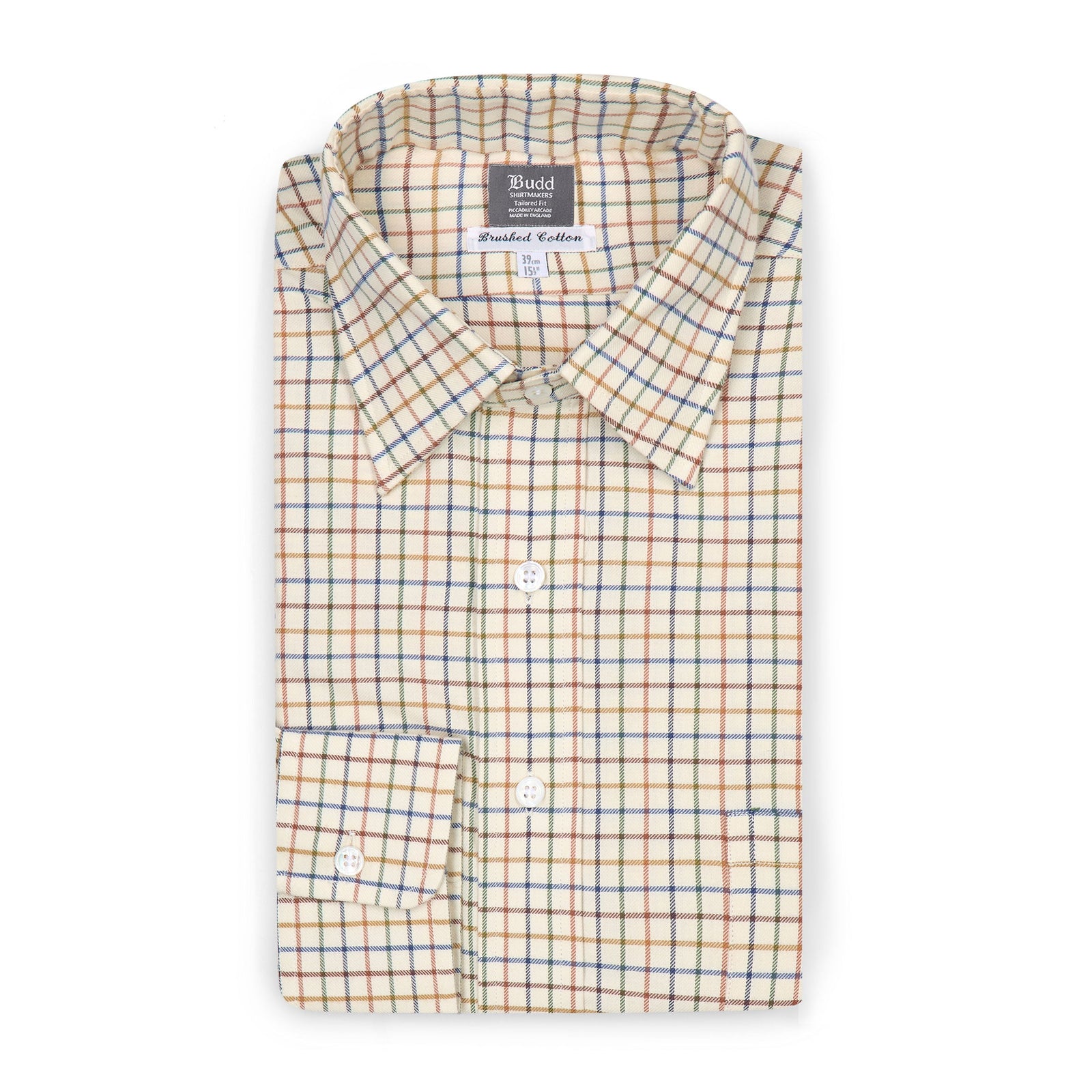 Tattersall Check Brushed Cotton Tailored Fit Button Cuff Shirt In Blue