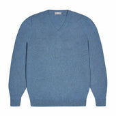 Drayton Cotton and Cashmere Fine Knit V-Neck Jumper in Carolina Blue