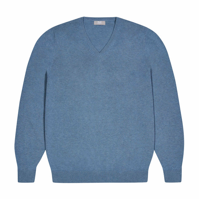 Drayton Cotton and Cashmere Fine Knit V-Neck Jumper in Carolina Blue