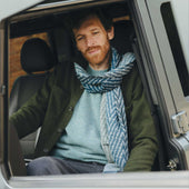 Abstract Herringbone Fine Wool Scarf in Ink Blue