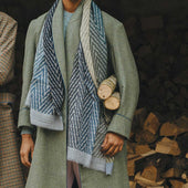 Abstract Herringbone Fine Wool Scarf in Ink Blue