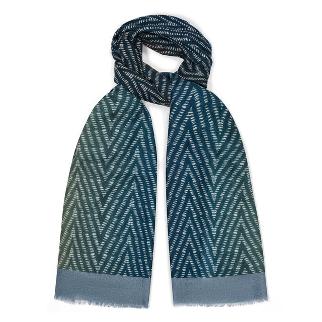 Abstract Herringbone Fine Wool Scarf in Ink Blue