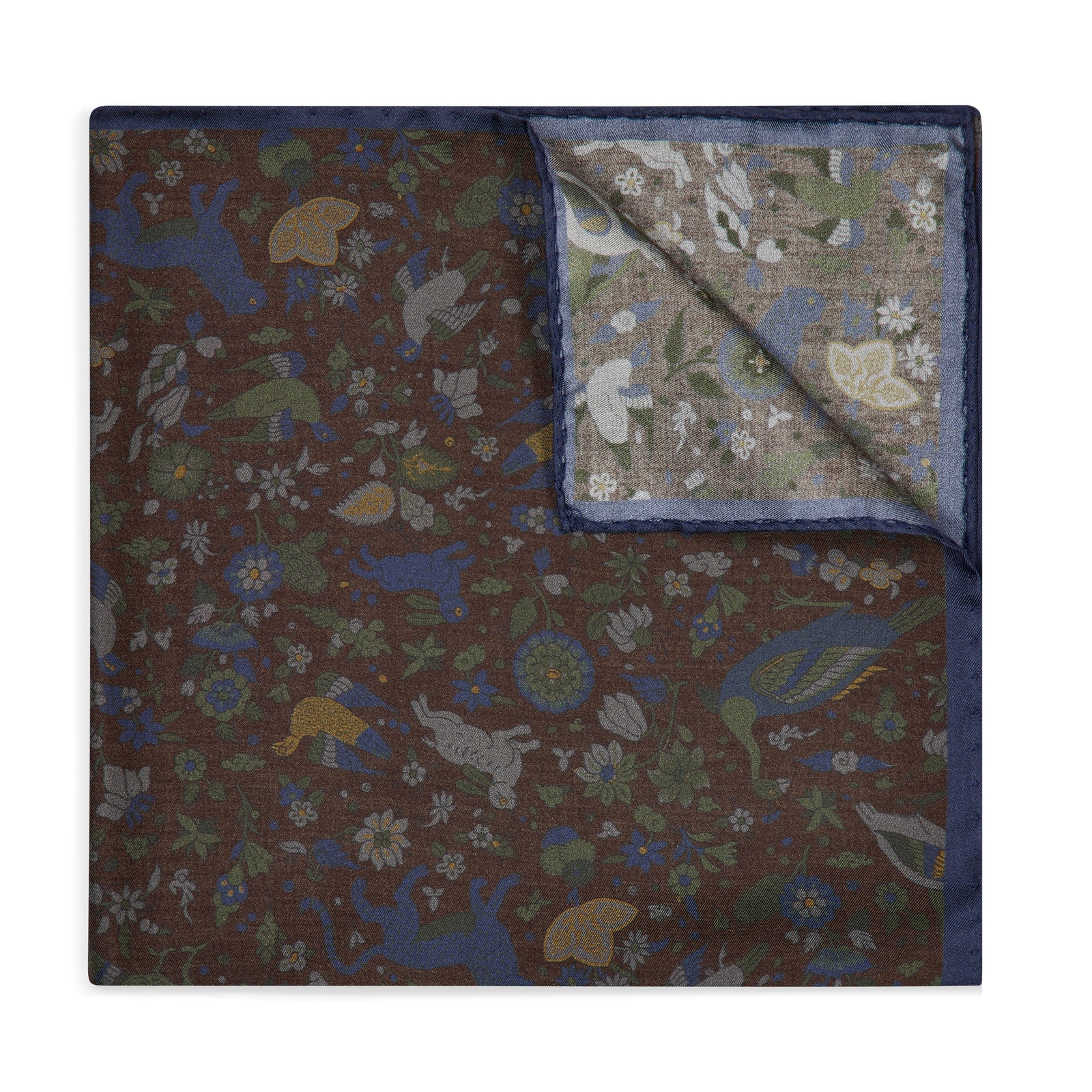Woodland Animals Silk Pocket Square In Green