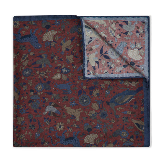 Woodland Animals Silk Pocket Square in Wine