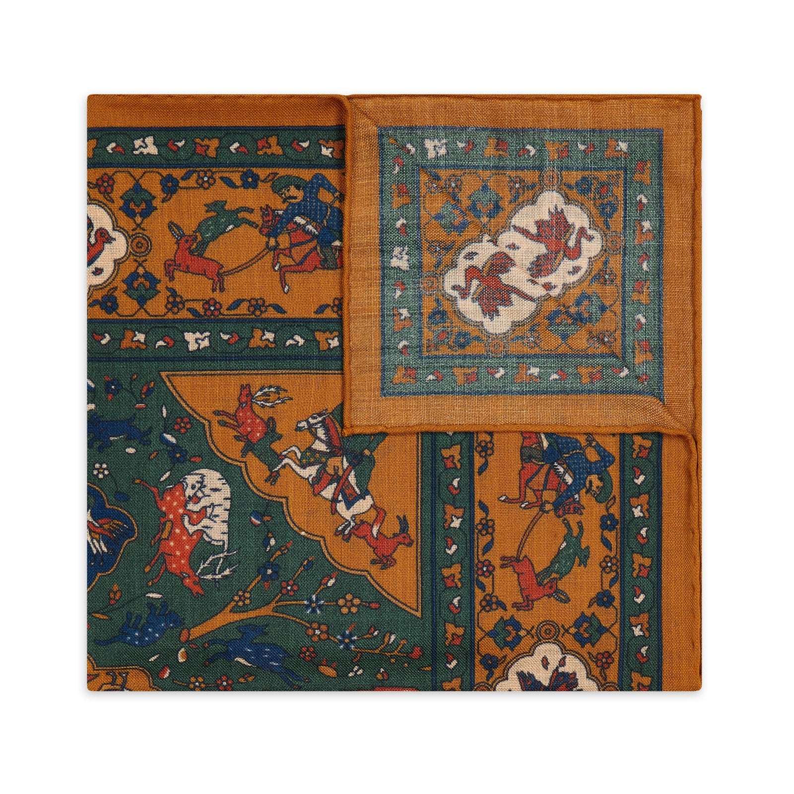 Mughal Hunt Silk And Wool Pocket Square In Gold