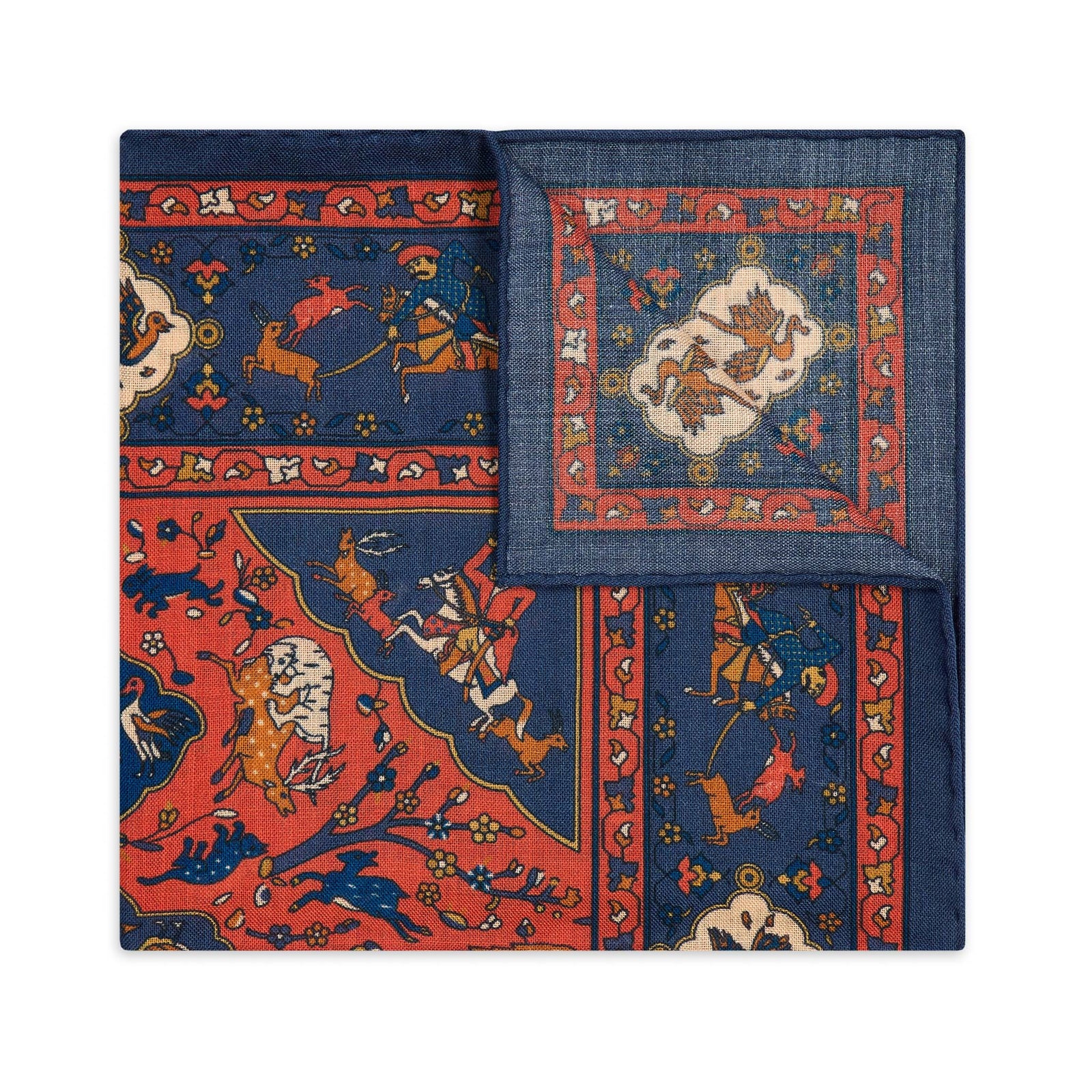 Mughal Hunt Silk And Wool Pocket Square In