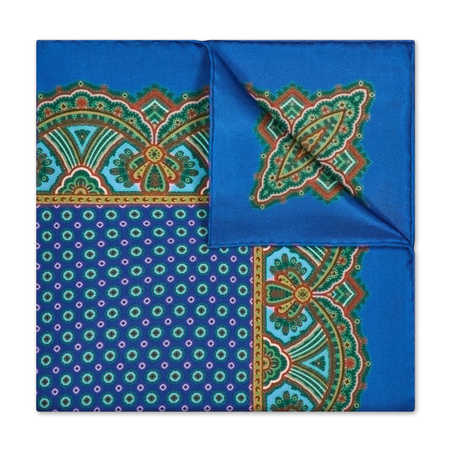 Ornate Border and Motif Madder Silk Neckerchief in Royal and Sky Blue