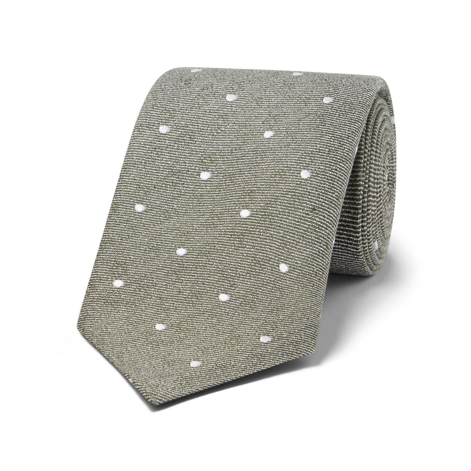 Miniature Polka Dot Silk And Linen Tie In Green